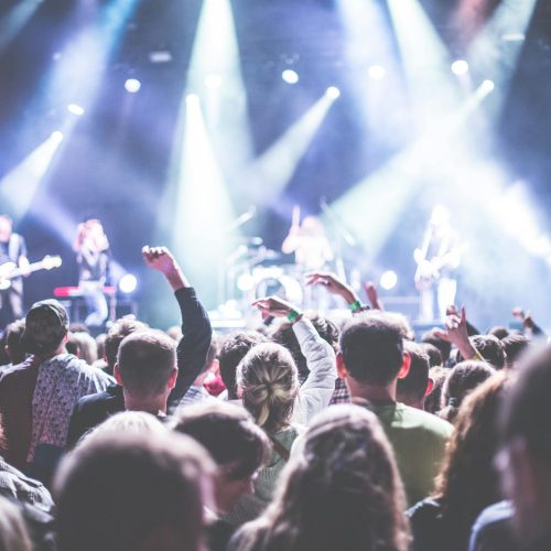 Energetic concert scene with a vibrant audience and band performing under bright lights.